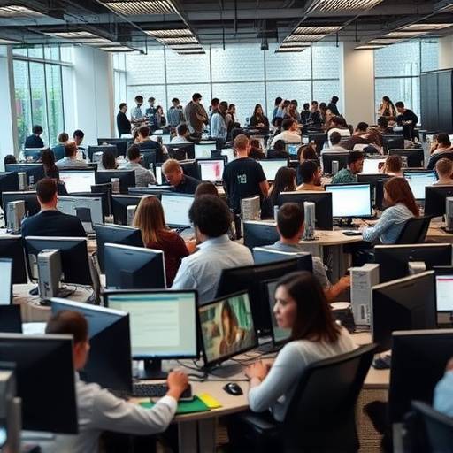 Fotografia di un ufficio affollato con persone che lavorano al computer